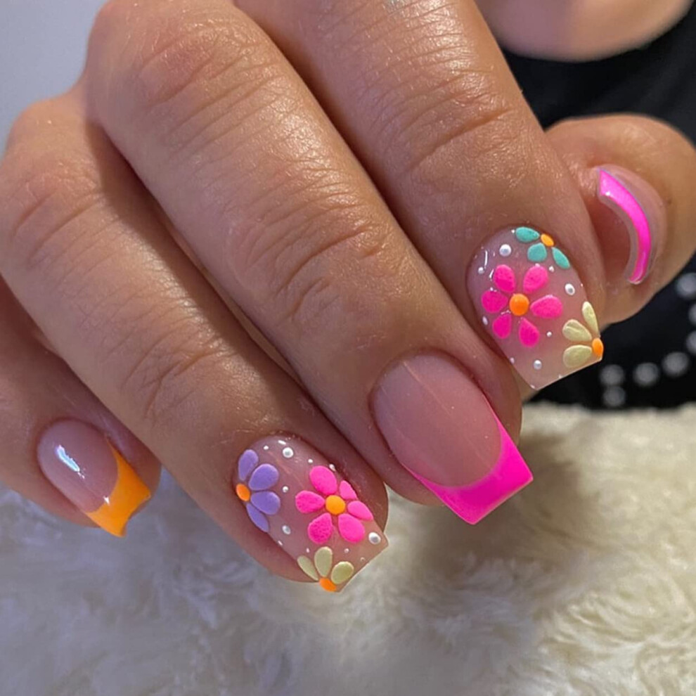 Colorful Flower Coffin Press On Nails  Short Glue On False Nails with Floral Design for Women