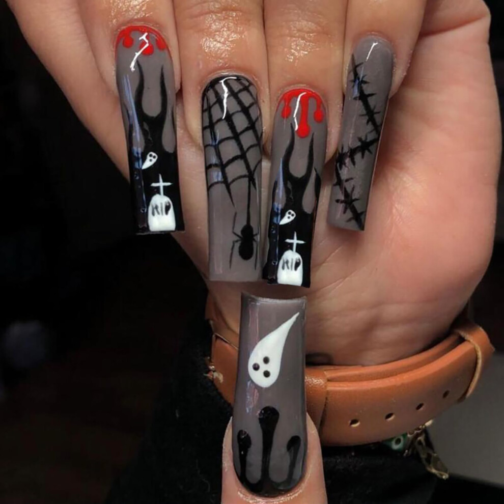 Halloween Coffin Press On Nails Set Long Fake Acrylic Nails with Ghost Skull Spider Web Designs 24pcs