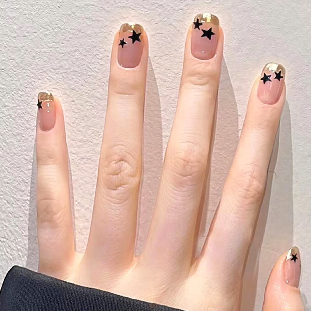 Short French Press On Nails Black Gold Edge Stars, Reusable Easy Apply Fake Nail Set 24pcs