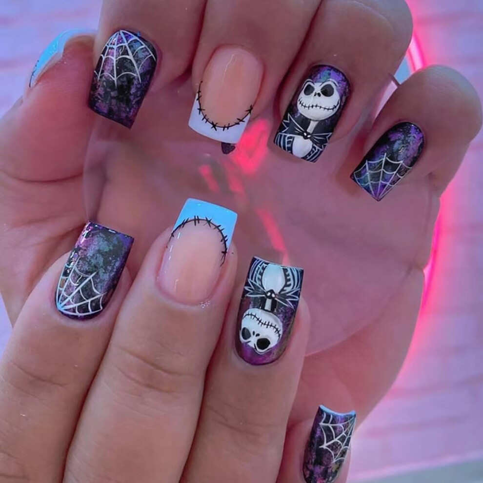 Halloween Press On Nails with Ghost and Spider Web Design, Medium Square Acrylic Fake Nails 24Pcs