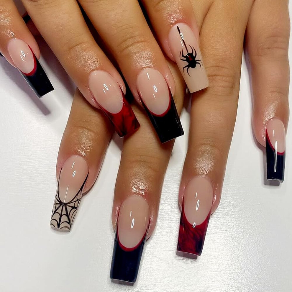 Red Halloween Coffin Press On Nails With Glue, Spider Design, Reusable False Nails For Women 24Pcs