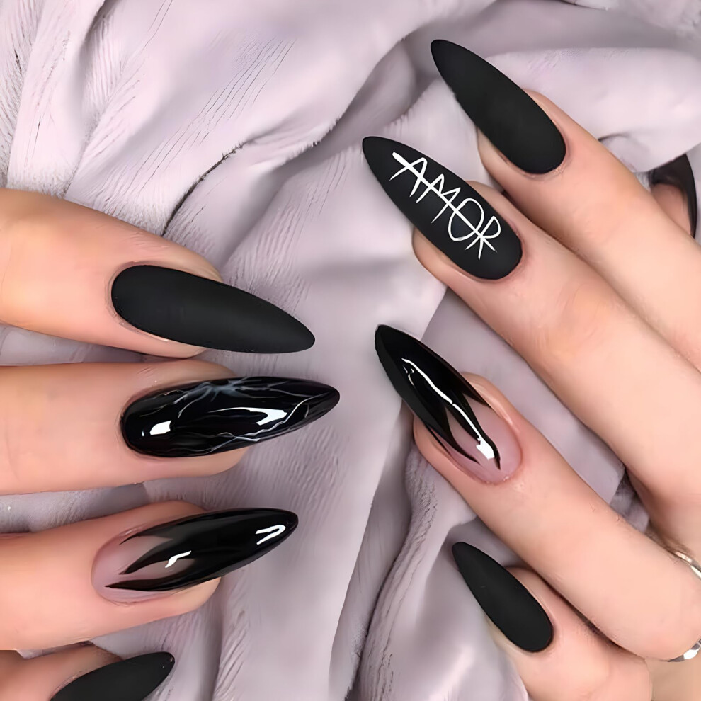 Black 24Pcs Matte And Glossy Stiletto Press On Nails Kit With Glue, Reusable Diy Home Manicure