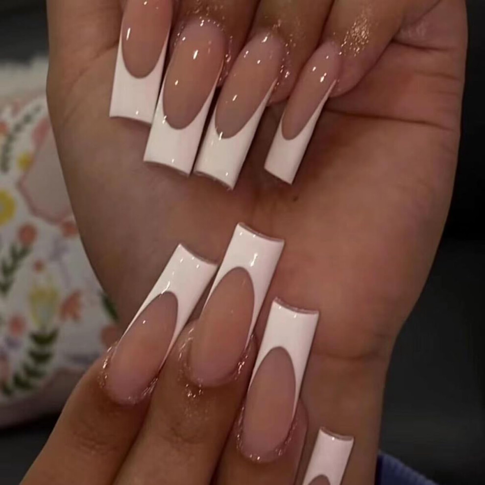 Pink,Cream Long Coffin Press On Nails Nude Pink French Tip Acrylic False Nails 24Pcs Instant Salon Finish