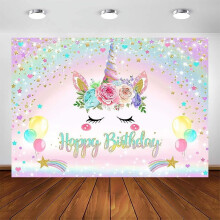 Curcubeu Unicorn Fundal Roz La Mulți Ani Petrecere Decorațiuni pentru Fete Acuarelă Floral Stele Puncte Unicorn Tort Masă Banner Consumabile