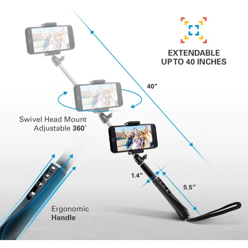 Bastão de selfie de 40 polegadas com controle remoto Bluetooth integrado para câmeras Bluetooth iOS e Android. 1