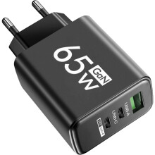 PD65W GaN USB-C-Ladegerät, 3 Anschlüsse, Schnellladefunktion (QC3.0), kompatibel mit iPhone 15, 16, Samsung und Xiaomi, Wandladegerät, Schwarz,
