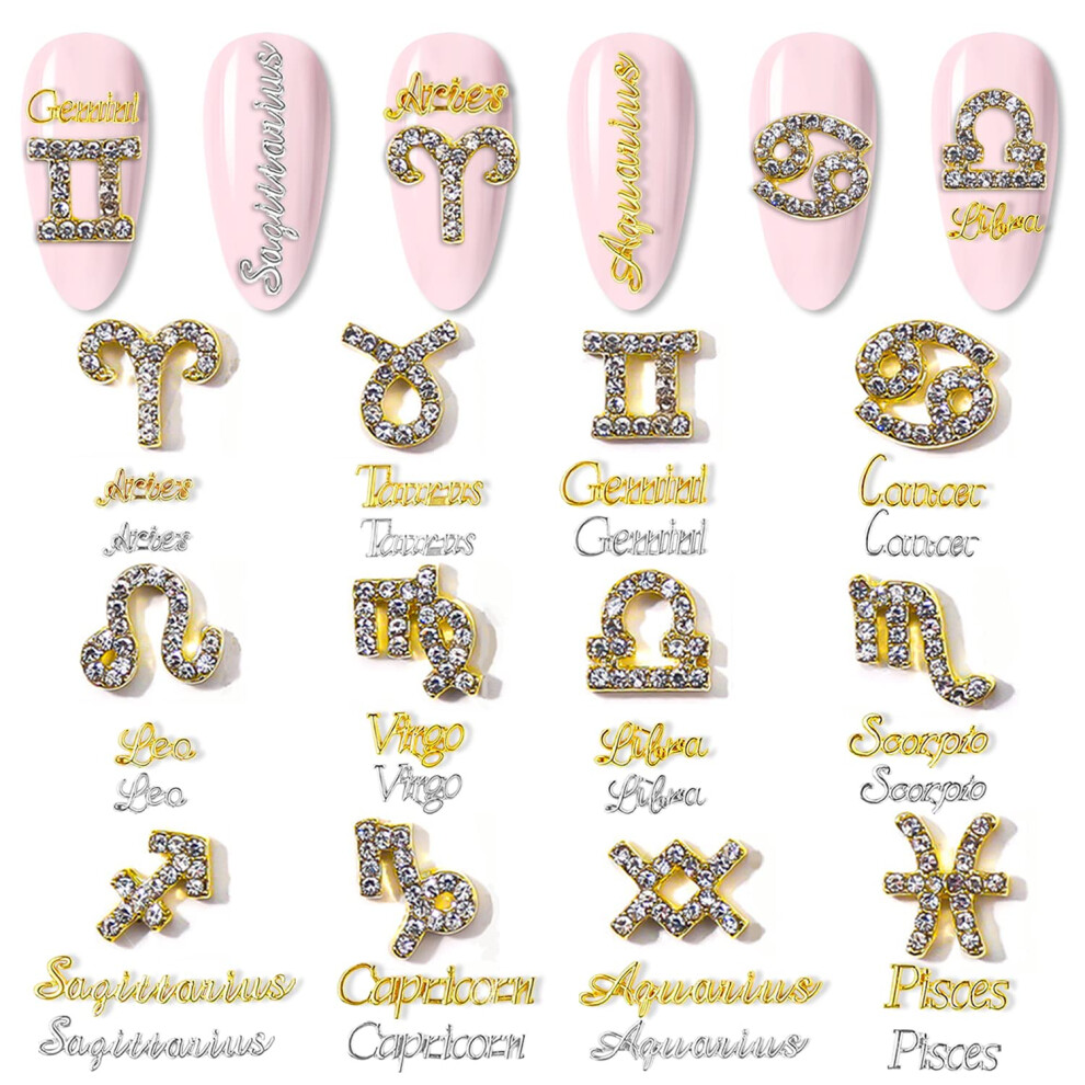 36pcs Zodiac Nail Charms 3D Alloy Rhinestone Letter Decorations for Acrylic Nails