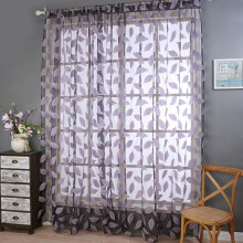 Cortina de gasa con estampado de hojas de gorrión para sala de estar, dormitorio o balcón, tipo bolsa con estampado de hojas moradas.