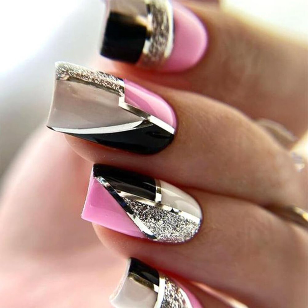 Pink,Black Medium Coffin Press On Nails Set, 24 Pcs Pink Black Chrome False Nails With Glue, Salonstyle Finish