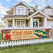 Baner Tiki Aloha Decor, 120"x20" Luau Party, Hawajska Tropikalna Dekoracja na Zewnątrz, Podwórko, Ścianę, Płot, Wnętrze - Zawsze jest Happy Hour
