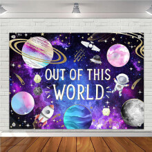 Fond de scène galaxie cosmique, planètes, astronaute, baby shower, thème univers étoilé, bannière pour nouveau-né