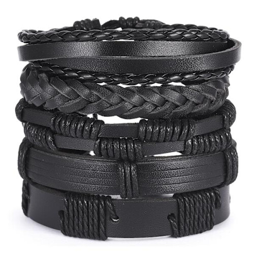 Bracelets en cuir faits main, lot de 5, noirs 1