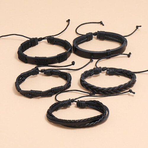 Bracelets en cuir faits main, lot de 5, noirs 2