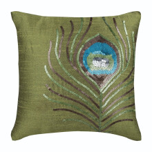 HomeCentric-tyynynpäälliset, 2 kpl pakkaus, 30x30 cm, vihreä kukkakuvioinen art deco -silkkityynynpäällinen, riikinkukon sulkakuvio