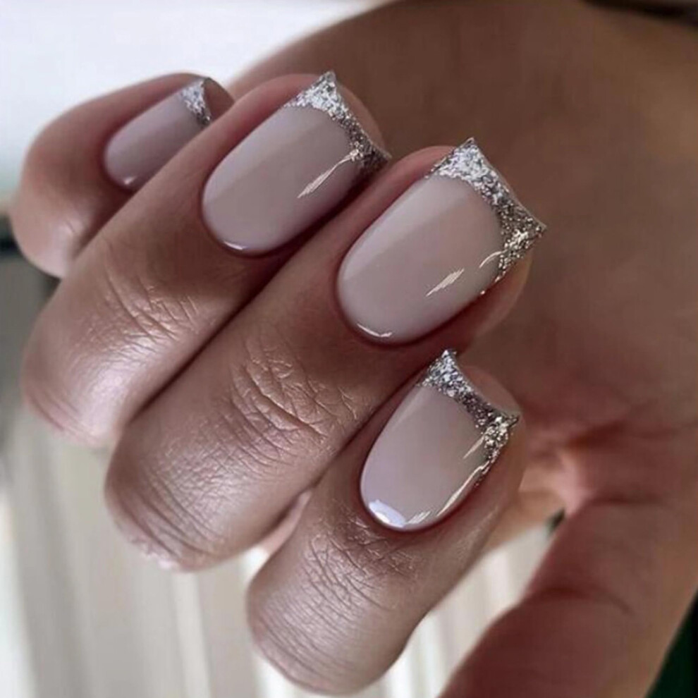 Silver Medium French Tip Press On Nails Glossy Squoval Acrylic Abs False Nails 24Pcs