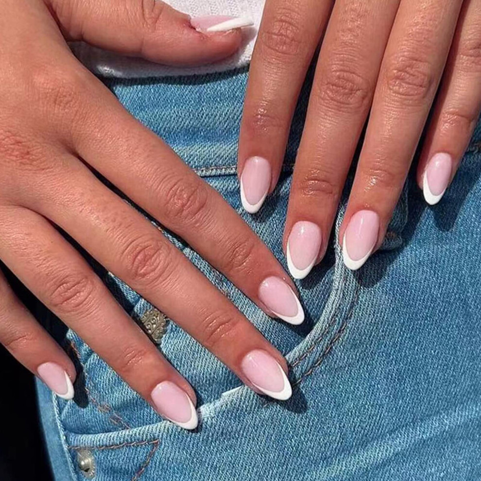 Cream Short Almond Nude French Tip Press On Nails With Glossy Ballerina Design For Women