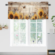 Auringonkukanväriset verhokapat 54x18 tuumaa, 1 paneeli, maalaistyylinen puinen tausta, tankotasku keittiöön, olohuoneeseen, kylpyhuoneeseen,