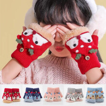 Kinderhandschoenen zonder vingers, gebreid, converteerbaar, halve vingerwant, kerstwant met hertenprint, want met flap, warm voor kinderen van 3-7