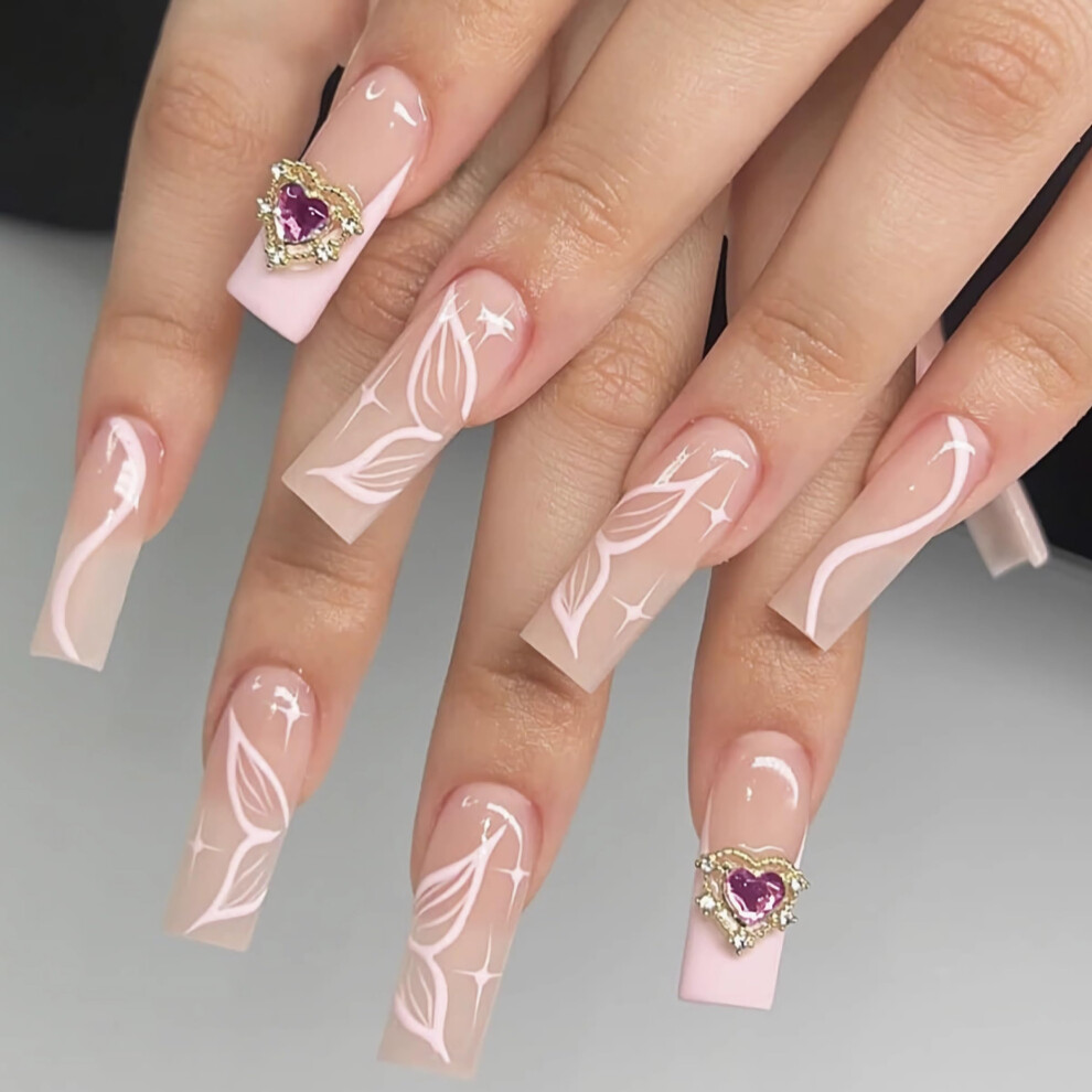 Pink Long Square Press On Nails Butterfly Fake Nails With Heart Rhinestones Glossy Manicure Kit