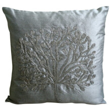 Capa de almofada prateada 35x35cm, estampa de árvore com miçangas, capa de almofada quadrada de seda, floral - compatível com decoração de