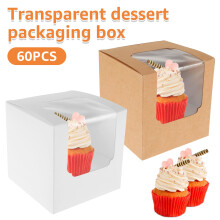 60 cupcake-doosjes (9x9x9 cm) met inzetstukken en transparant venster, wit/bruin, voor gebak en andere lekkernijen, ideaal als cadeau voor een