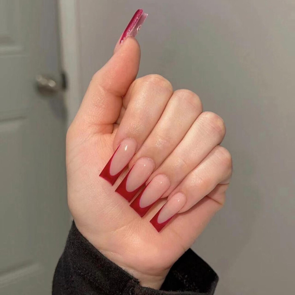 Red Long French Tip Press On Nails 24Pcs Glossy Squoval Fake Acrylic Nails Durable Salon Style