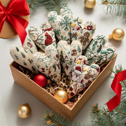 Κιτ Χριστουγεννιάτικων Στολιδιών με Κέντημα Καρδιάς - Σετ Χειροτεχνίας με