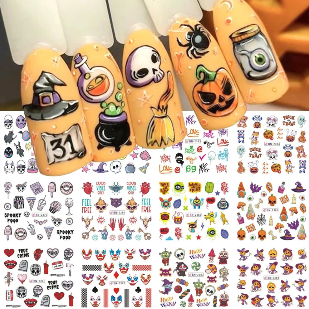 12pcs Halloween Nail Stickers Decals with Foil Transfer Pumpkin Skull Witch Ghost Day of The Dead