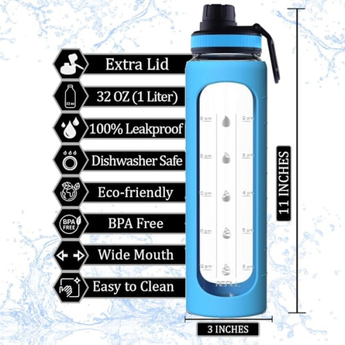 Glazen fles van 950 ml met waterindicator (blauw) 1