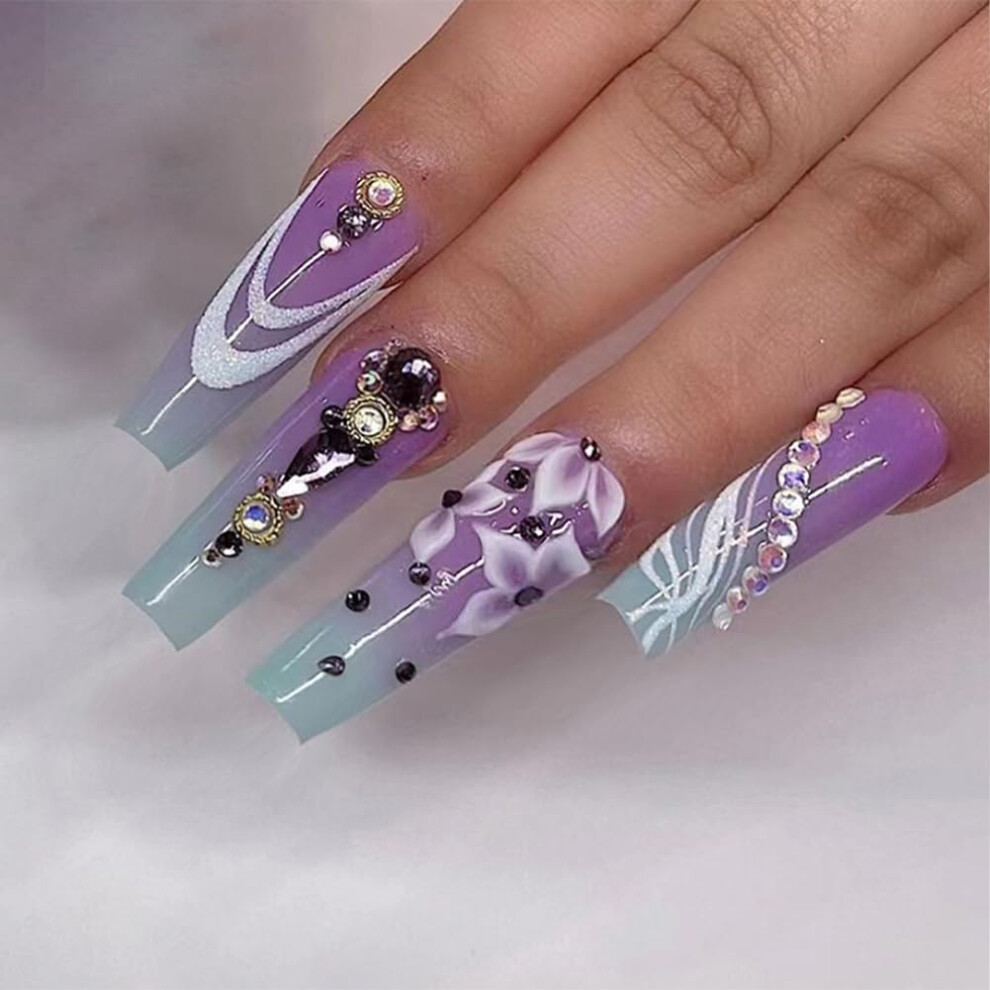 Purple Ombre Long Coffin Press On Nails With Floral Rhinestones, 24Pcs Reusable False Nails