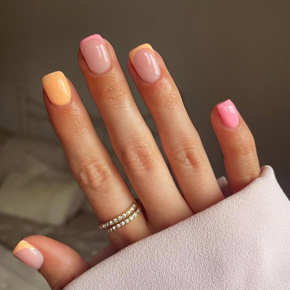 Pink Short Press On Nails French Tip Squoval Fake Nails Glossy Orange And Acrylic Glue On Set 24Pcs
