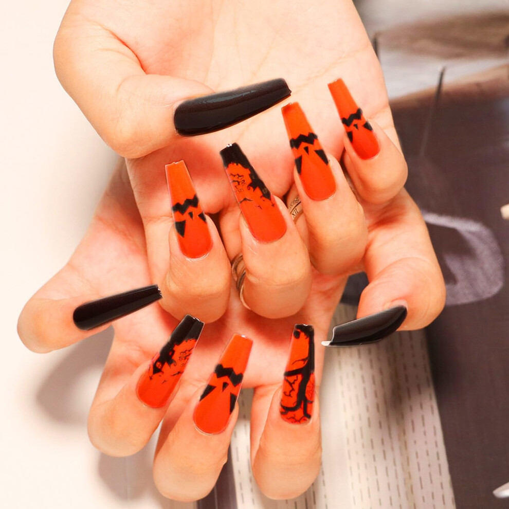 Black Halloween Press On Nails Coffin Long Fake Nails With Spooky Bats Orange 24Pcs Set