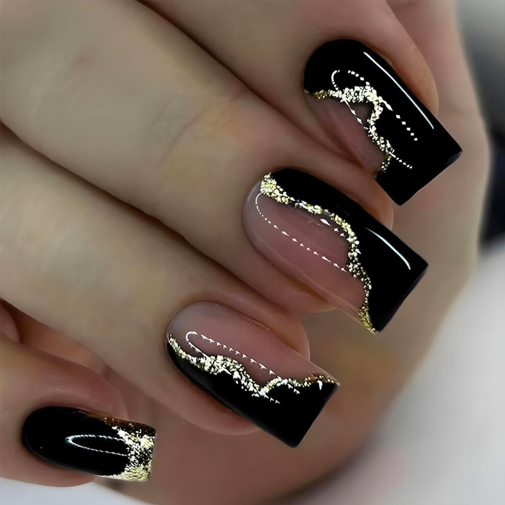 Cream,Gold Medium Nude Press On Nails With Gold Tips, Reusable Fake Acrylic Glitter Set For Women Manicure 24Pcs