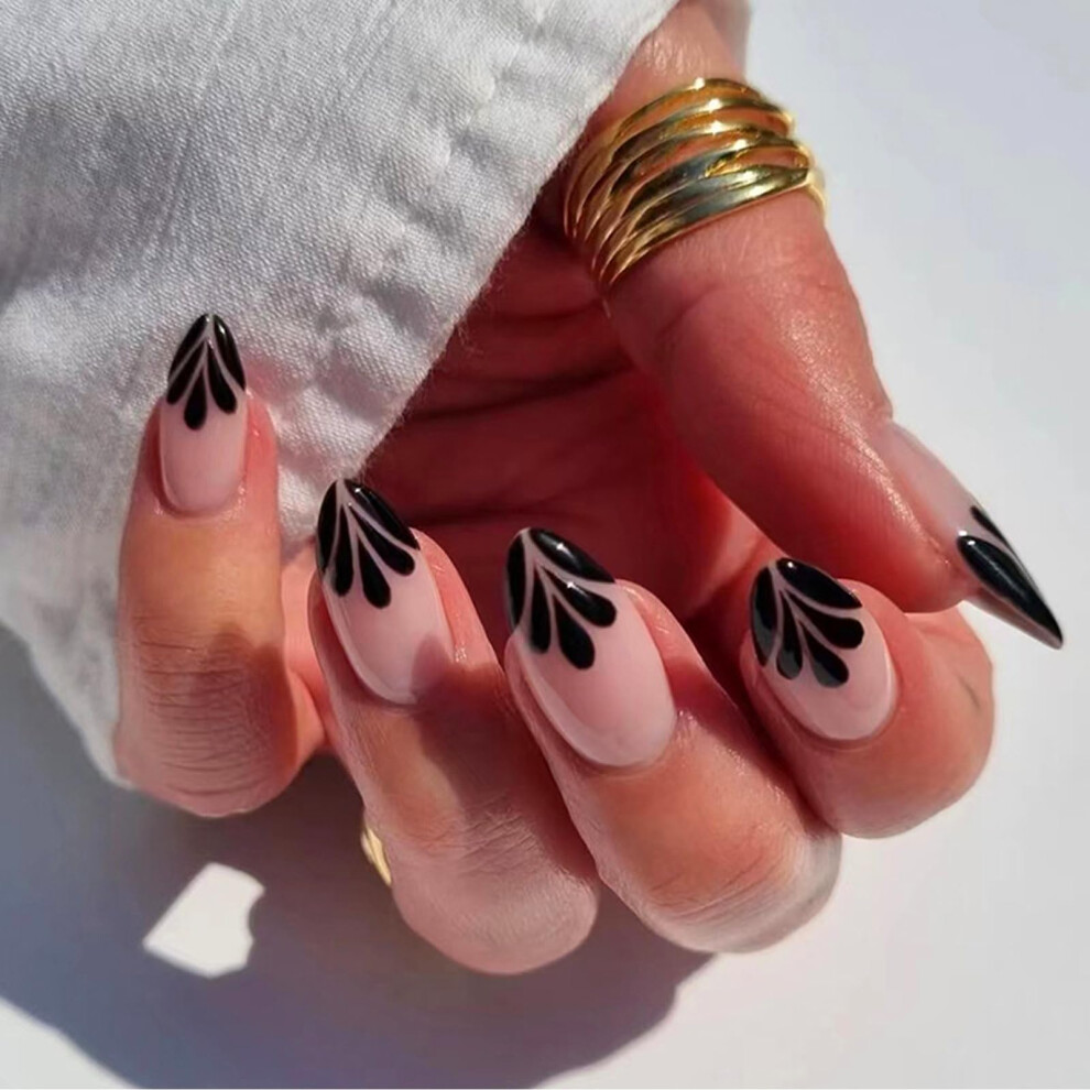 Black Stiletto French Tip Press On Nails Medium Almond Acrylic False Nails Set With Tips 24Pcs