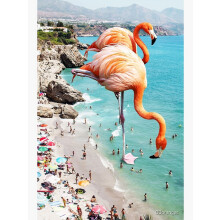 Flamants roses sur la plage, faune surréaliste, oiseaux, nature, flamants roses, fantaisie, plage, été, photographie, art moderne, décoration,