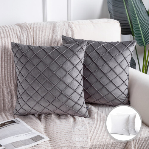 Phantoscope 45 x 45 cm modern grå rutig sammetskudde i polyester (2 st)