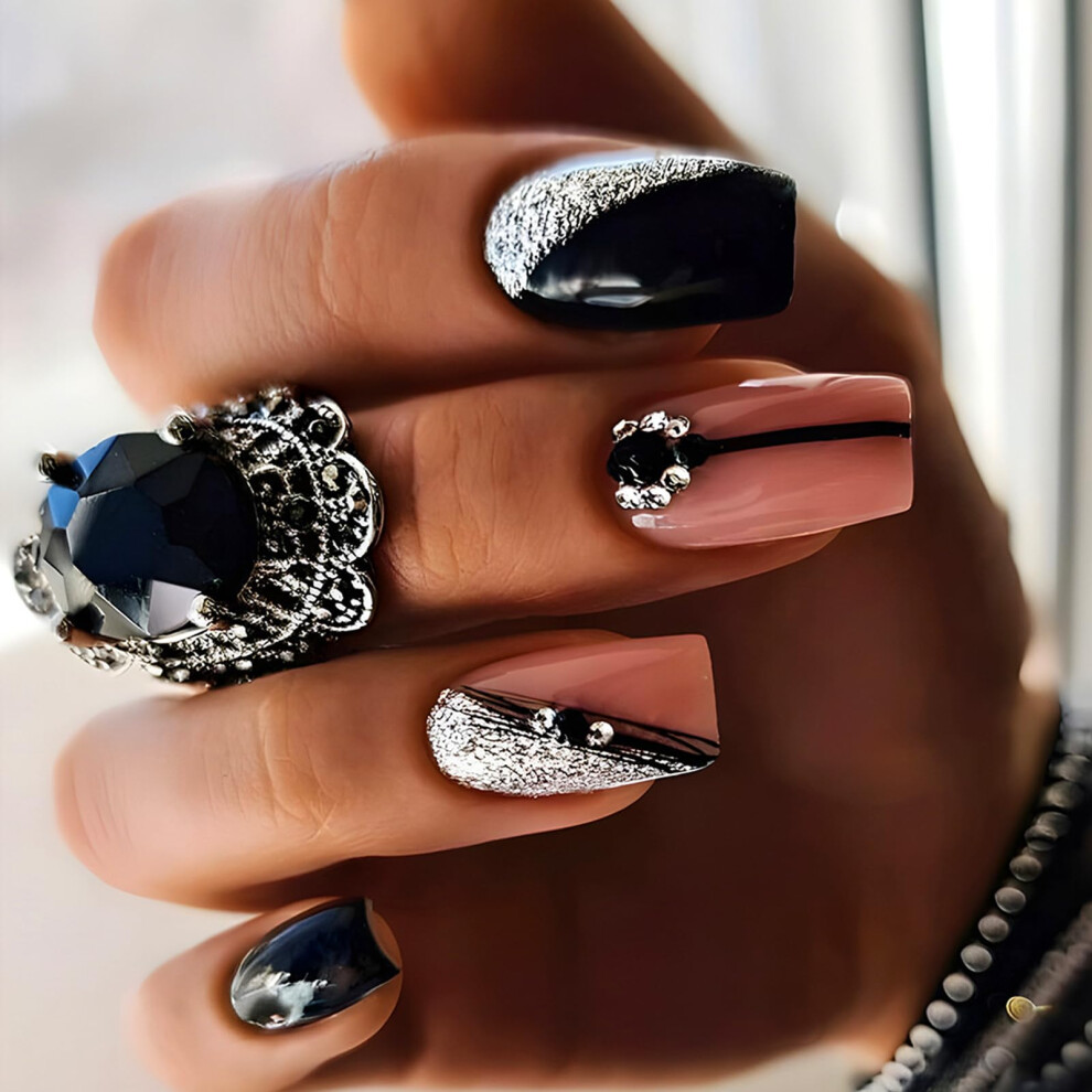 Medium Square Press on Nails with Black Rhinestones Glitter Acrylic Nude False Nails 24Pcs Set