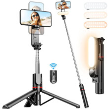 Asta per selfie da 111 cm con treppiede, telecomando Bluetooth, luce di riempimento rimovibile, compatibile con iPhone e Android - Ideale per viaggi