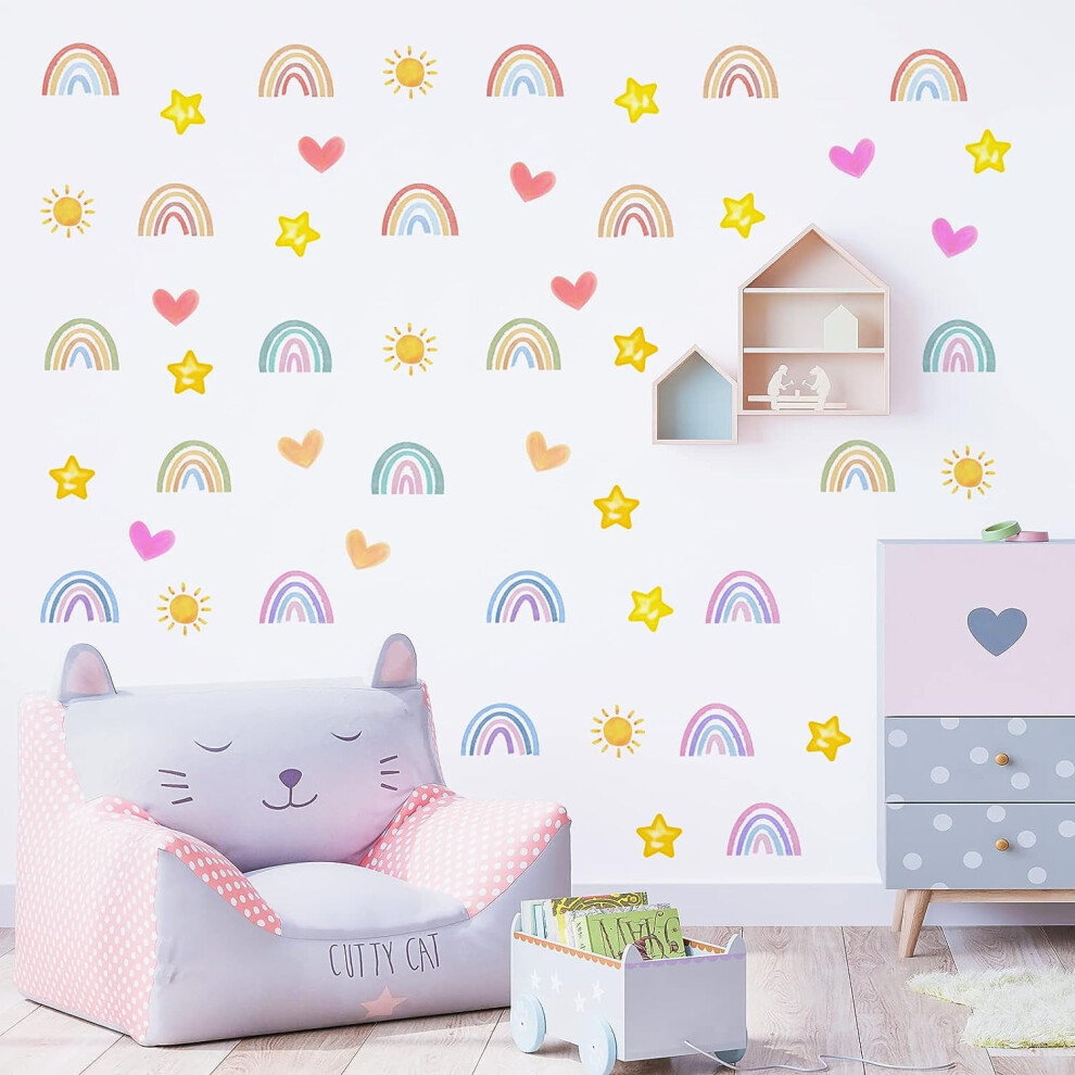 1Sheet Rainbow Wall Decals 55pcs Small Heart Wall Sticker Watercolor Sun Star Wall Decor Vinyl Wall Art Decal