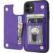 Kompatibel med iPhone11 Wallet-etui, PU-læderstøtte med kortholder, dobbelt magnetisk lås, stødsikkert cover til 6,1 tommer (lilla)