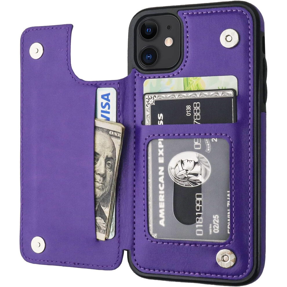 Compatible With Iphone 11 Wallet Case, Pu Leather Kickstand With Card Slots, Double Magnetic Clasp, Shockproof Cover For 6.1 Inch (Purple) Purple 9464372792900