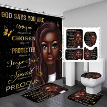 4-delige douchegordijnset met Afro-Amerikaanse thema - Paarse glitter, Melanin Queen Afro-zwarte vrouw decoratie, waterdichte stof en antislip badmat