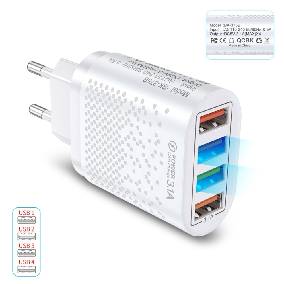 Usb Phone Charger Portable 4 Ports 3.1A Fast Charging Compact Wall Plug Adapter 9464372871254
