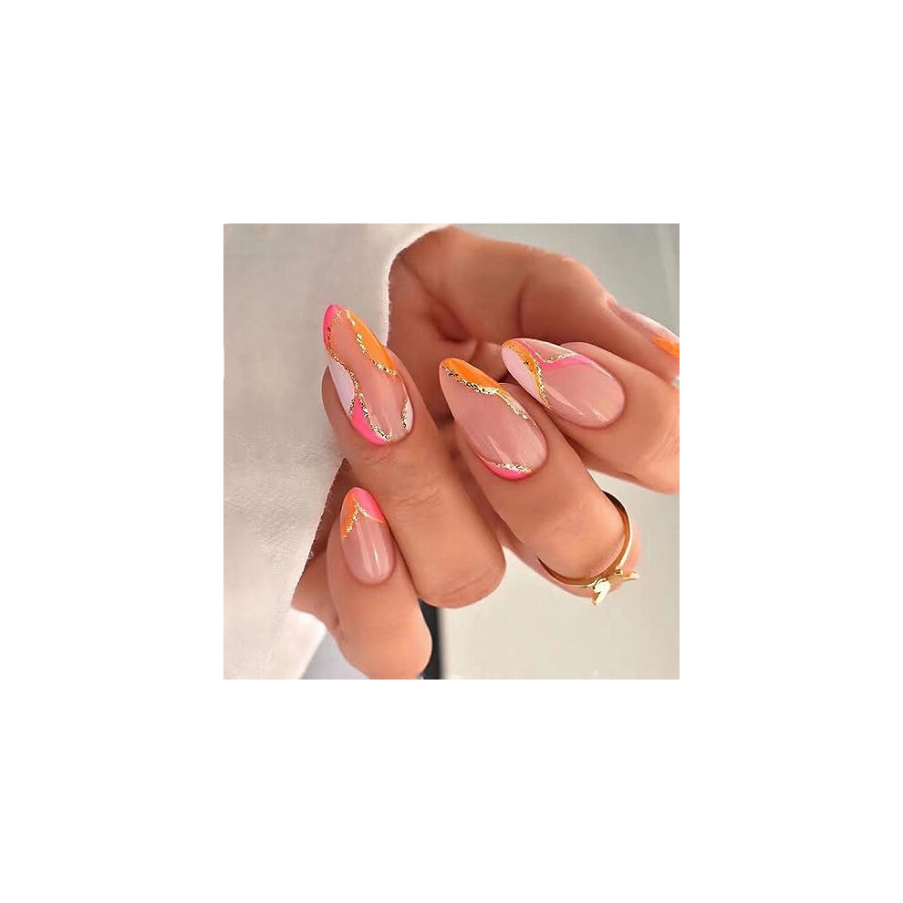 Medium Stiletto Press On Nails with French Tip Glitter, Acrylic ABS Fake Nails Set 24pcs