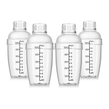 4 stuks plastic cocktailshakers, handmixers met weegschaal en zeef, transparante shakerbeker met maatverdeling.