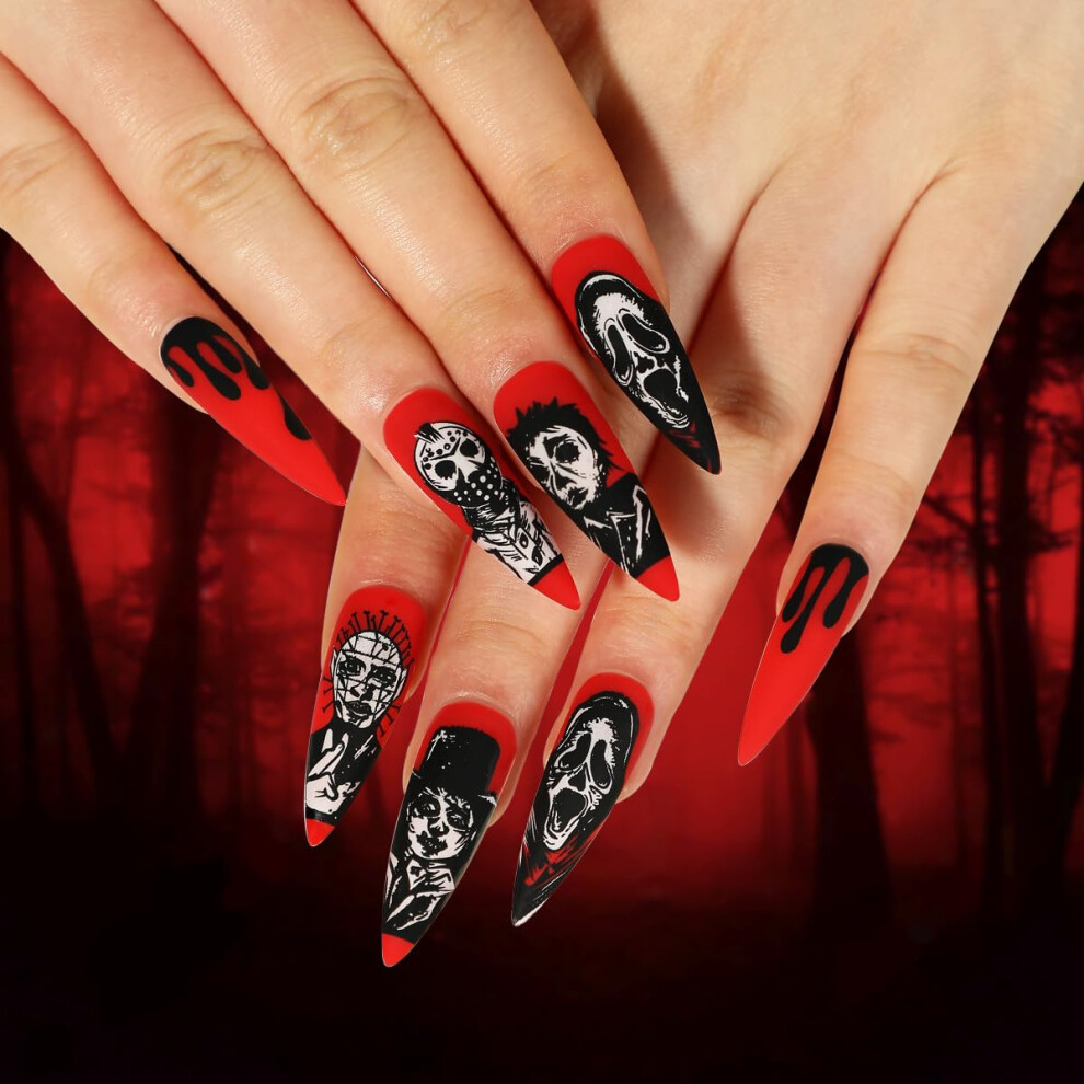 Bright Red Halloween Stiletto Press on Nails with Skeleton and Blood, Medium Almond Fake Nail Kit