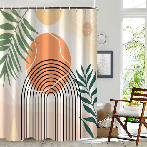 Κουρτίνα μπάνιου Mid Century Extra Long, Abstract Boho Arch Sun Leaf, Αδιάβροχο & Πλενόμενο στο 2