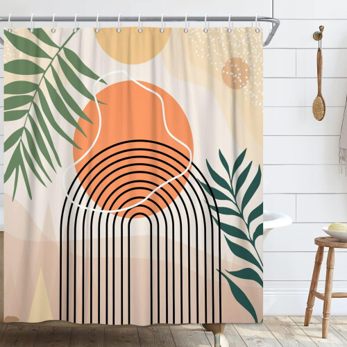 Κουρτίνα μπάνιου Mid Century Extra Long, Abstract Boho Arch Sun Leaf, Αδιάβροχο & Πλενόμενο στο 1