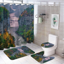 Badkamerset voor de herfst, bestaande uit 4 antislip vloerkleden, toiletbrilhoes en badmat, herfstgeel bosmotief (71x71 inch), waterdichte