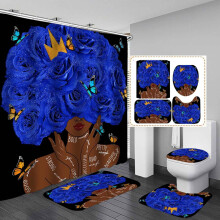 4-delige sexy douchegordijnset met zwarte vrouw, roze rozen, hoge hakken, parfum, Afro-Amerikaanse vrouw, badkamerdecoratie, waterdichte stof,